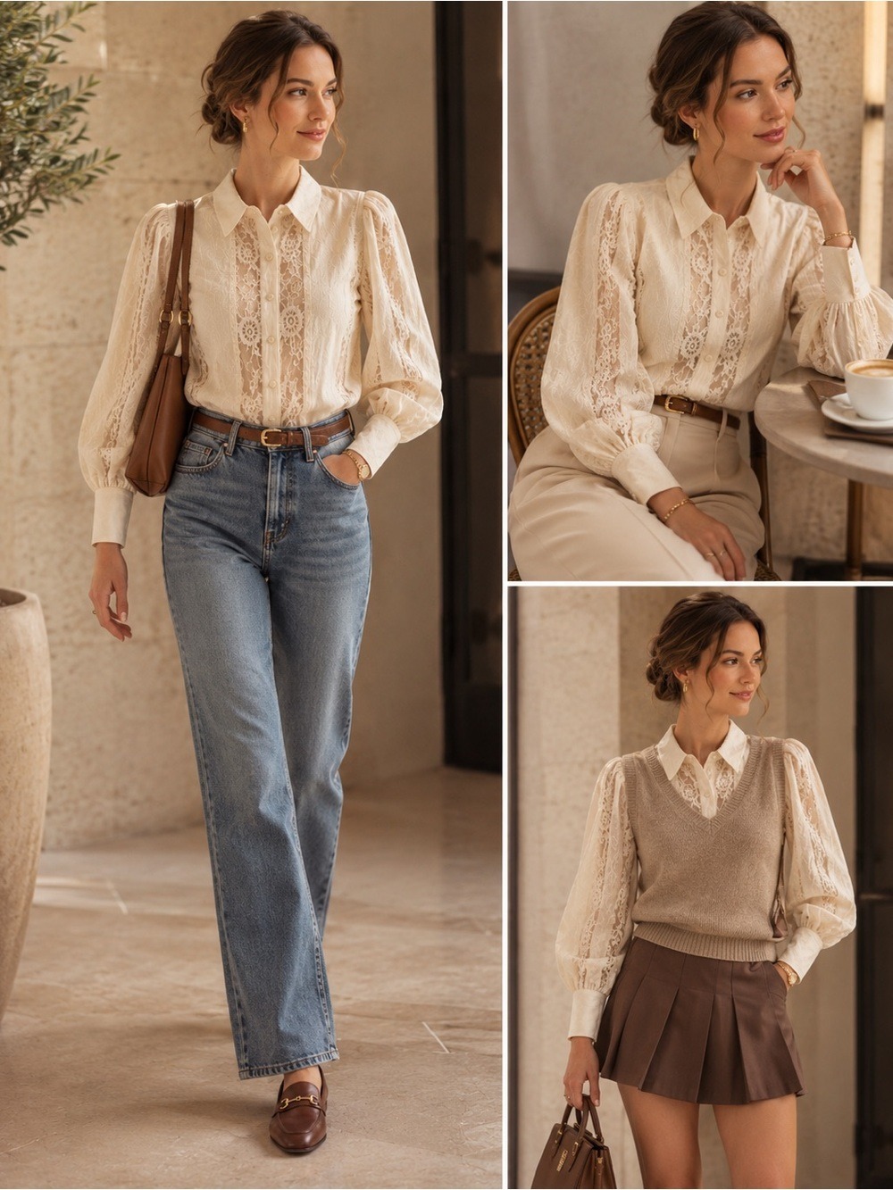 Women's Cream Lace Button-Front Blouse